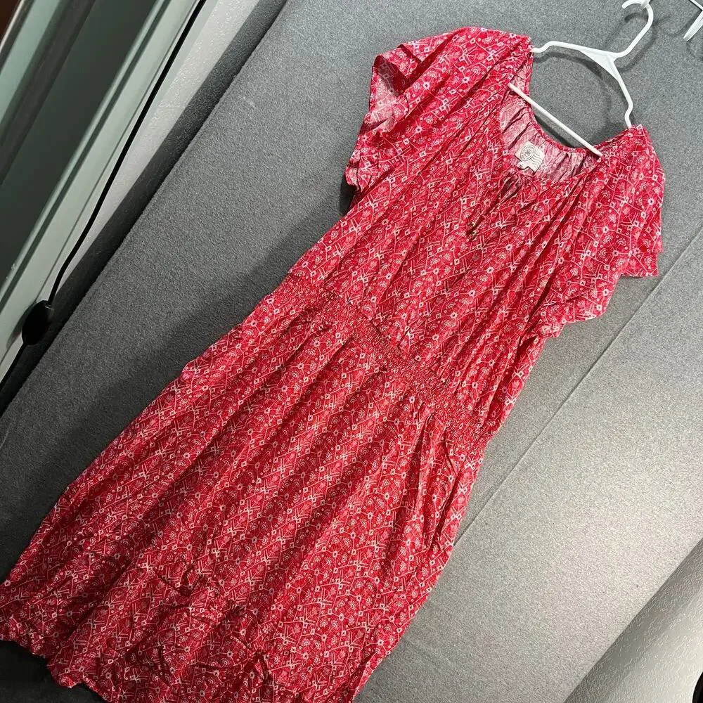 Destination 365 Printed Short-Sleeve Midi Dress with Smo Red Abstract XL